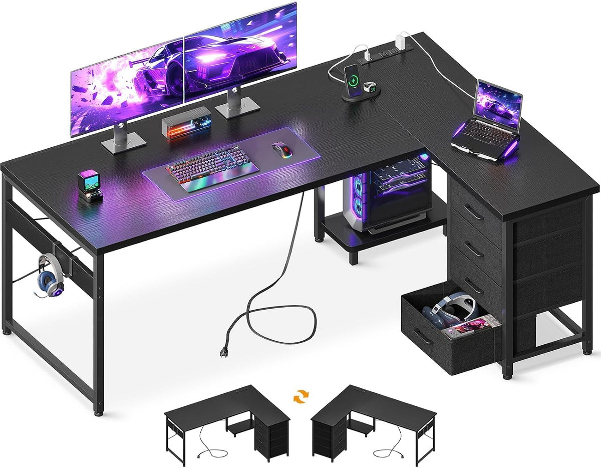 AODK L Shaped Gaming Desk with 4 Drawers, 61' Reversible Home Office Desks with Power Outlets, L Shaped Computer Desk with USB Charging Port and Host Stand, Corner Desk, Easy to Assemble, Black