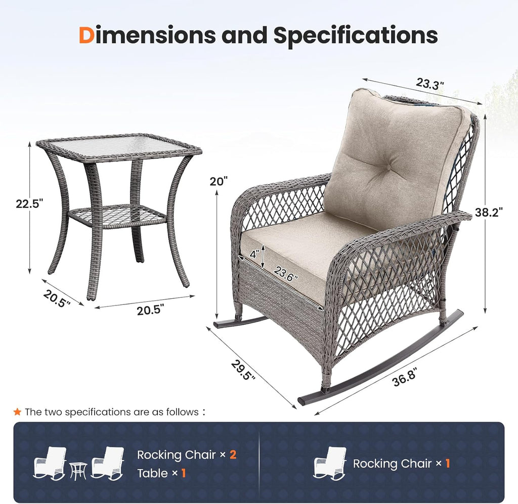 UDPATIO Rocking Chair Outdoor Set 2 with Coffee Table, 3 Piece Wicker Rocking Bistro Set with 4' Water-Resistant Cushions, Oversized, 350lbs Heavy-Duty, for Porch, Patio, Balcony, Grey/Beige