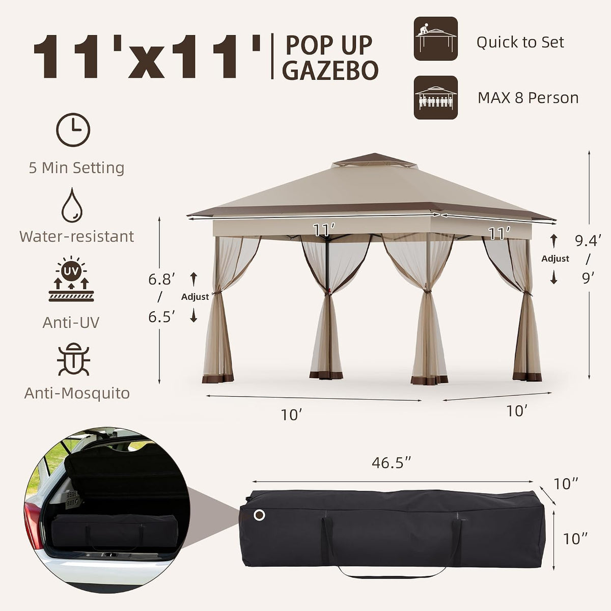 Bezseller 11x11 Pop Up Gazebo with Mosquito Netting – Easy 1-Person Setup, Water-Resistant Backyard Canopy for Family Patio & Garden Use,Khaki