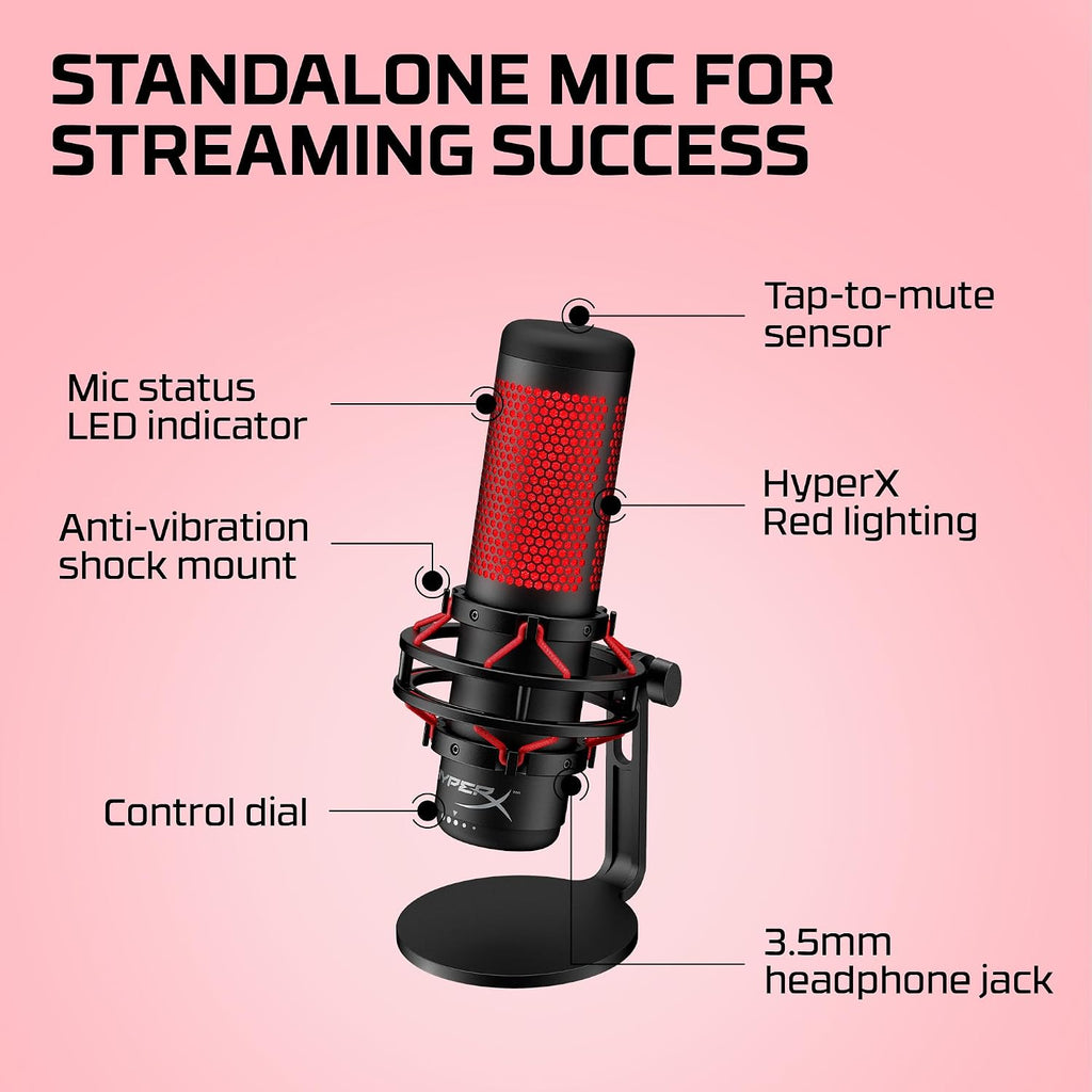 HyperX QuadCast - USB Condenser Gaming Microphone, for PC, PS4, PS5 and Mac, Anti-Vibration Shock Mount, Four Polar Patterns, Pop Filter, Gain Control, Podcasts, Twitch, YouTube, Discord, Red LED