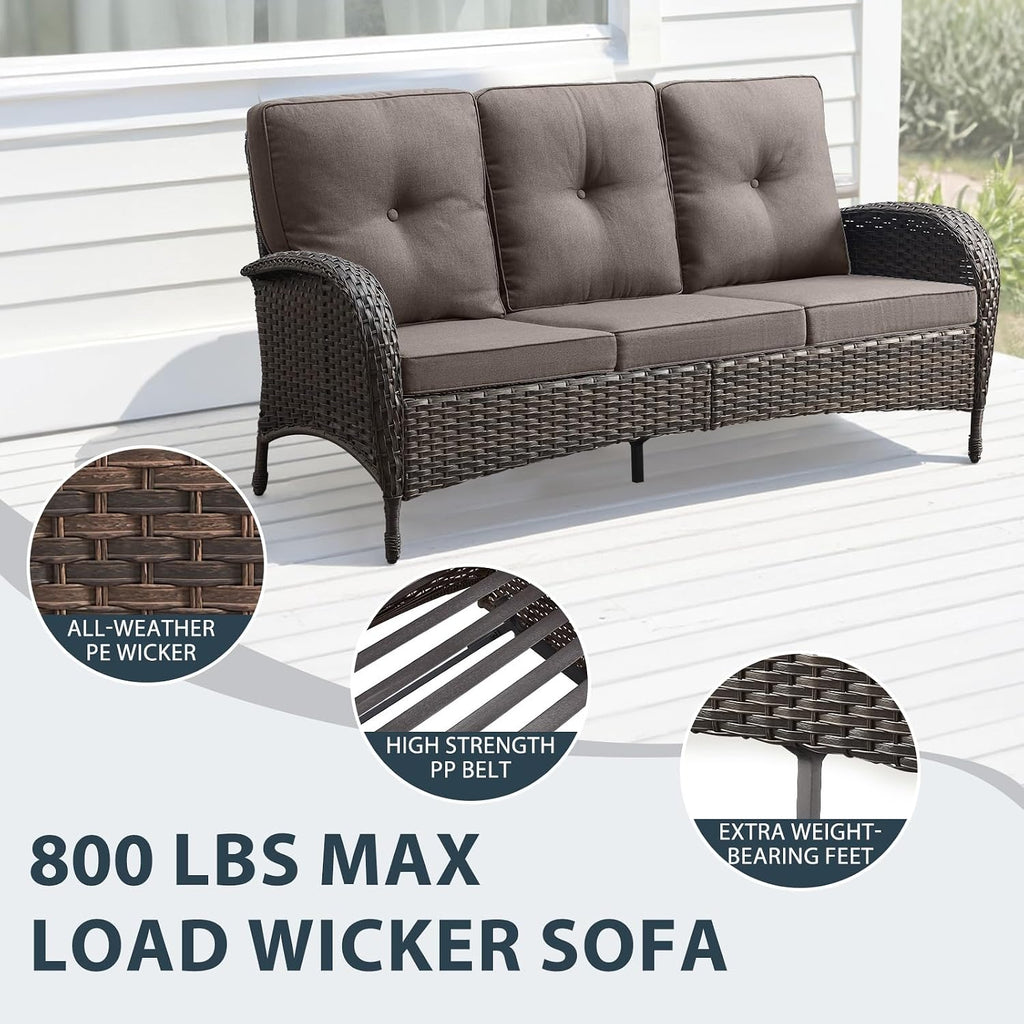 5 Piece Patio Furniture Set - Wicker Patio Conversation Set with Swivel Glider, 3 Seat Sofa, Tempered Glass Side Table and Coffee Table for Deck Backyard - Brown Wicker Grey Cushion