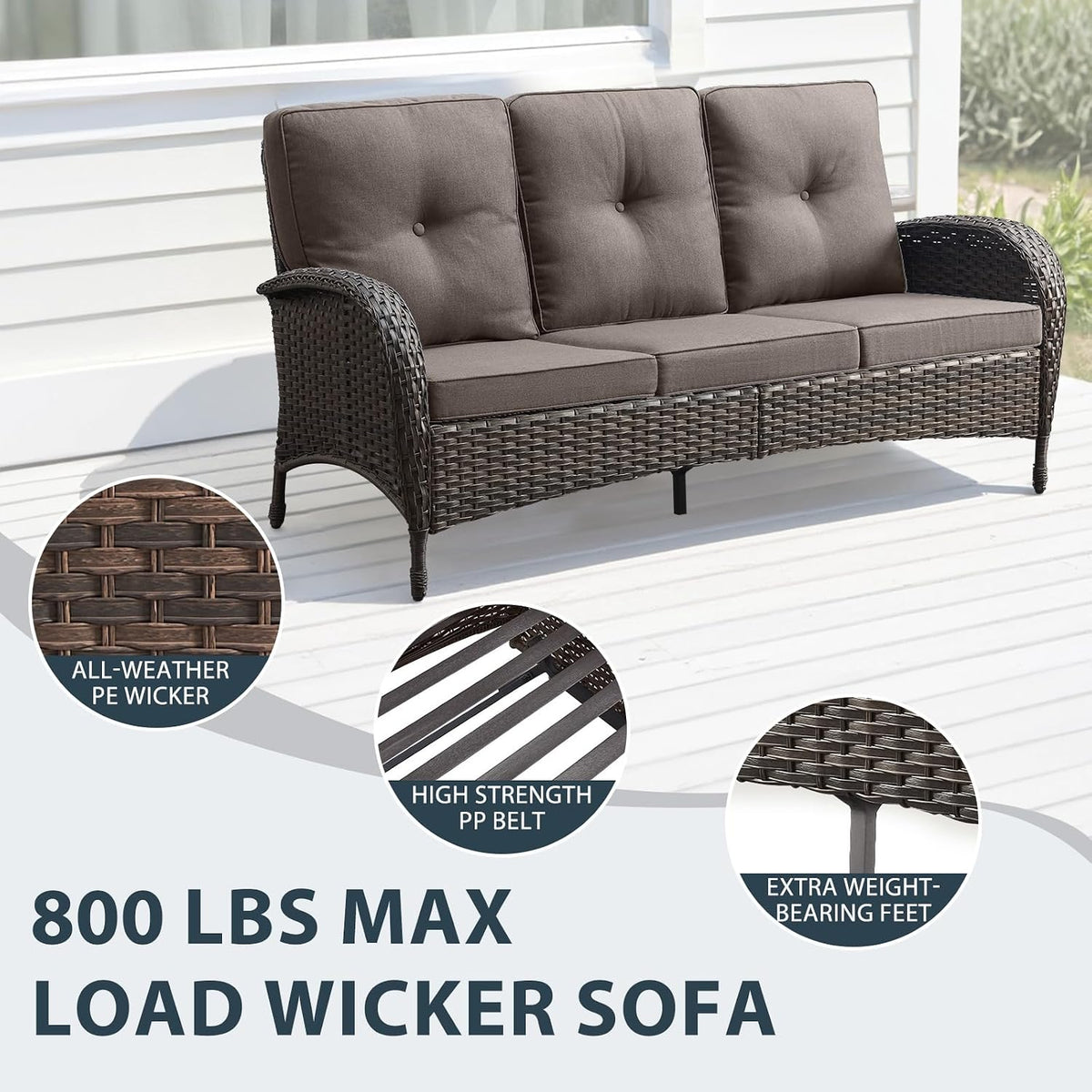 5 Piece Patio Furniture Set - Wicker Patio Conversation Set with Swivel Glider, 3 Seat Sofa, Tempered Glass Side Table and Coffee Table for Deck Backyard - Brown Wicker Grey Cushion