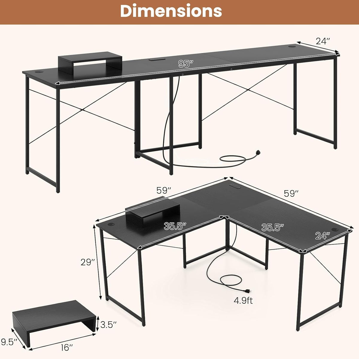 Tangkula L-Shaped Computer Desk with Power Outlets, 95' Long 2-Person Desk with Monitor Shelf, Modern Corner Desk Gaming Table with USB Ports for Home Office