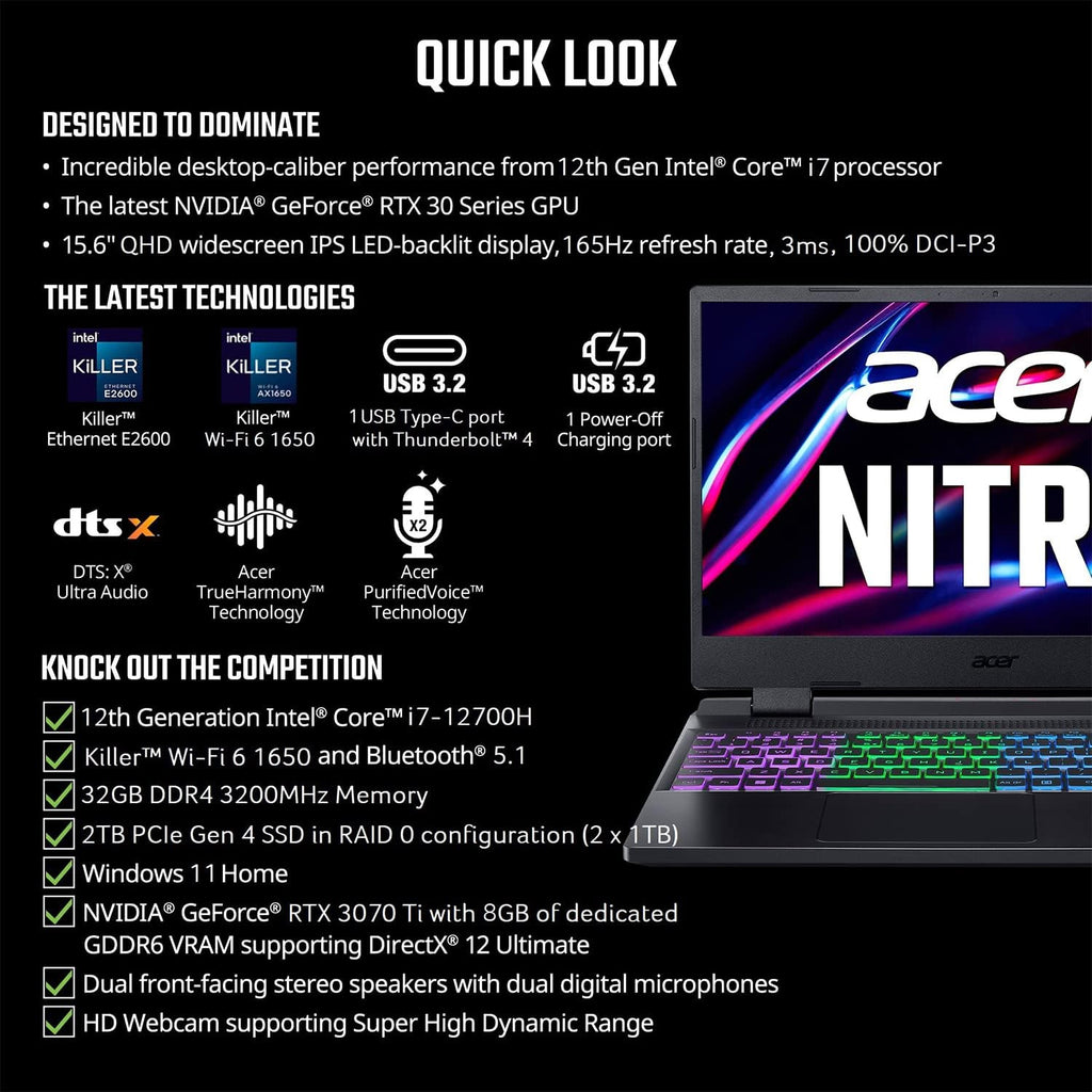 Acer Nitro 5 AN515-58-7583 Gaming Laptop | Intel Core i7-12700H | NVIDIA GeForce RTX 3070 Ti Laptop GPU | 15.6' QHD 165Hz 3ms IPS Display | 16GB DDR4 | 2TB SSD in RAID 0 | Killer WiFi 6 | RGB Keyboard