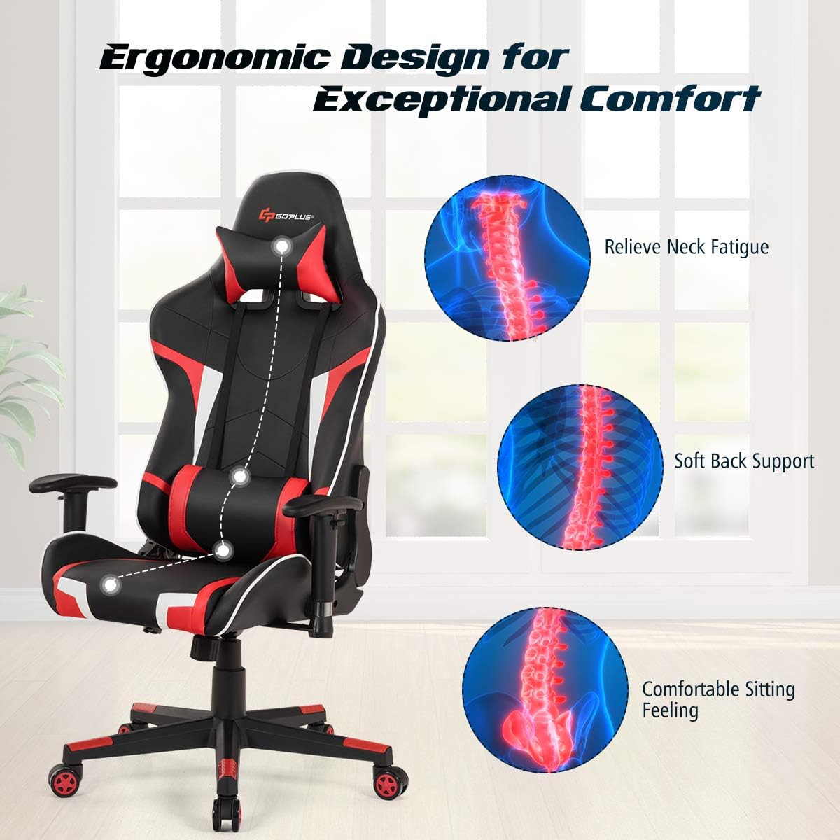 Goplus Gaming Desk & Chair Combo Set, Racing Style Home Office Chair & Desk w/Cup Holder, Headphone Hook & Mouse Pad,Ergonomic E-Sport Computer Desk Chair Furniture w/Massage Lumbar Support(Red)