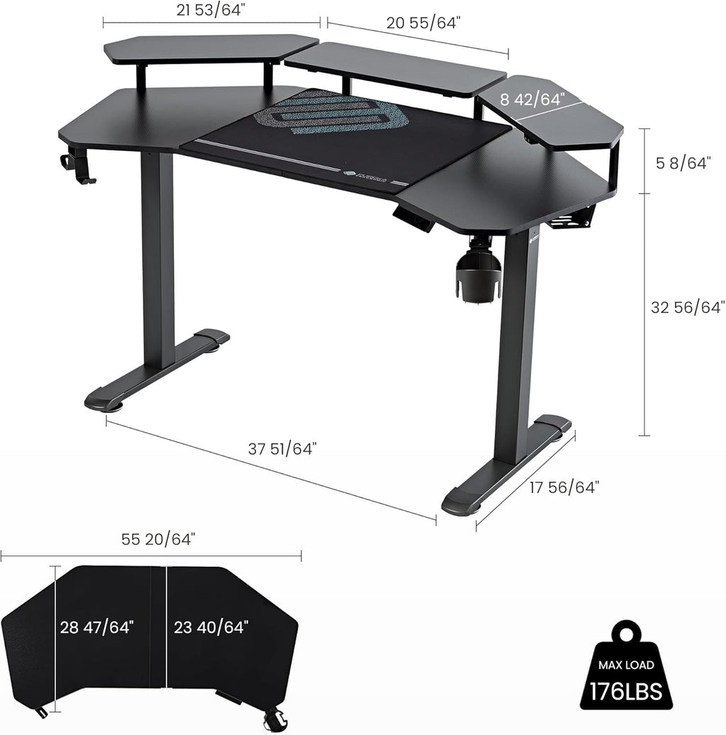 EUREKA ERGONOMIC Aero 55 Inch W Shaped Electric Standing Desk, Height Adjustable Computer Gaming Desk with LED Monitor Shelf, Mouse Pad, Headphone Hook, Cup Holder, Carbon Black