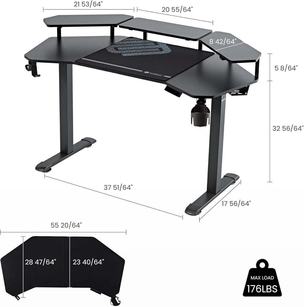 EUREKA ERGONOMIC Aero 55 Inch W Shaped Electric Standing Desk, Height Adjustable Computer Gaming Desk with LED Monitor Shelf, Mouse Pad, Headphone Hook, Cup Holder, Carbon Black
