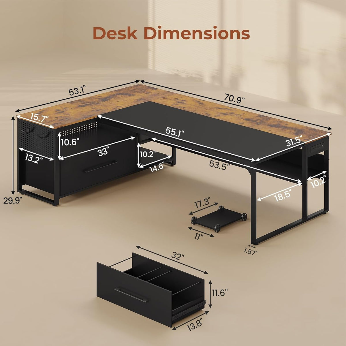 UPOSOJA 71' Executive Desk, Large Office Desk with Widen File Drawers & Power Outlets, Reversible L Shaped Computer Desk Corner Desk with Storage Shelves, CPU Stand, Hooks, Business Furniture