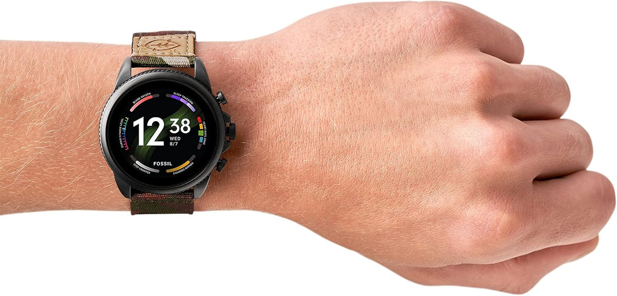 Fossil Men's Gen 6 44mm Stainless Steel and Cork Touchscreen Smart Watch, Stainless steel, Color: Black, Camo (Model: FTW4063V)