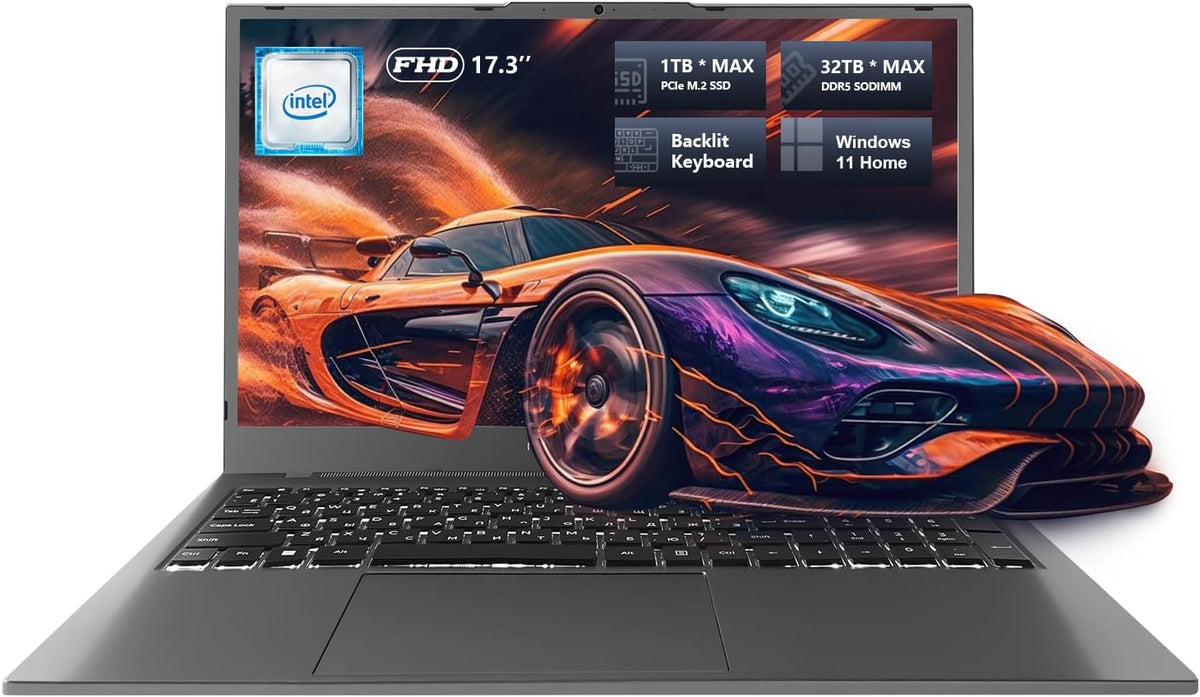 Machenike 17.3'' Laptop, Intel Processor, 16GB DDR5 RAM, 1TB SSD, Backlit Keyboard, Large-Screen with 120Hz Refresh Rate, Perfect for Work, School, and Streaming, Windows 11 Home, Modern Grey