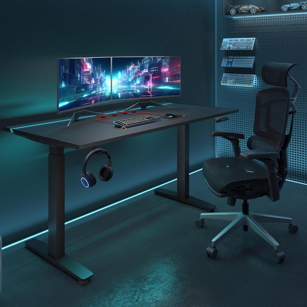 FLEXISPOT Electric RGB Gaming Standing Desk, 55' Dual Motor Height Adjustable Desk with Integrated Cable Management, Ergonomic Sit-Stand Computer Workstation for PC Gamers