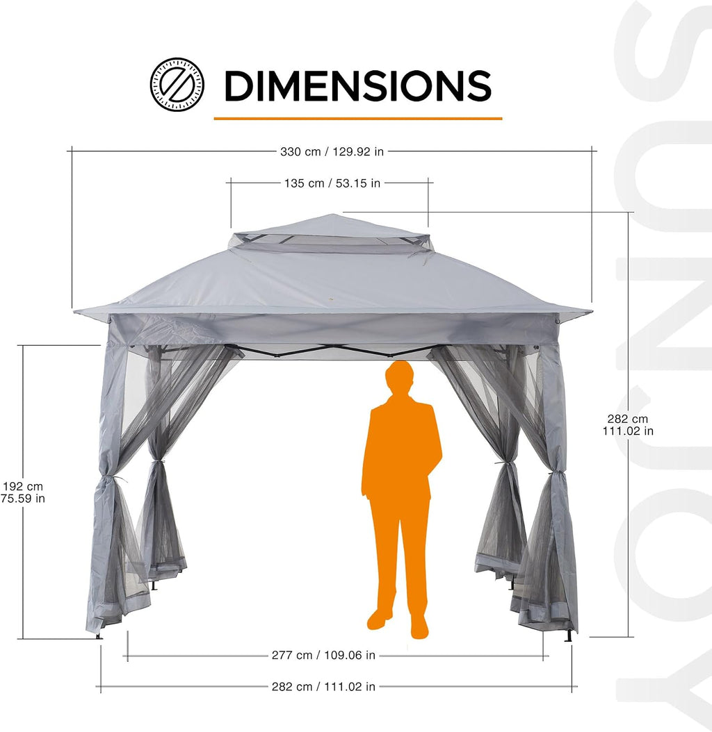 SUNJOY 11x11 ft. Pop-Up Instant Gazebo, Outdoor Portable Steel Frame 2-Tier Top Canopy/Tent with Netting and Carry Bag, Gray