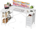 DUMOS L Shaped Desk with Shelf Drawers 55 Inch, White Corner Computer Desks Gaming with Power Outlet, Study Table with Adjustable Shelves, Home Office Tables for Bedroom Teacher Reading Writing