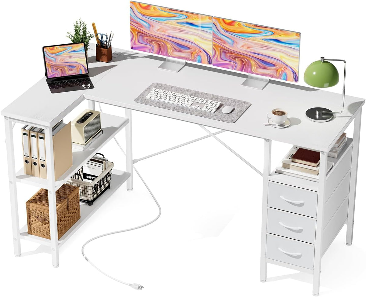 DUMOS L Shaped Desk with Shelf Drawers 55 Inch, White Corner Computer Desks Gaming with Power Outlet, Study Table with Adjustable Shelves, Home Office Tables for Bedroom Teacher Reading Writing