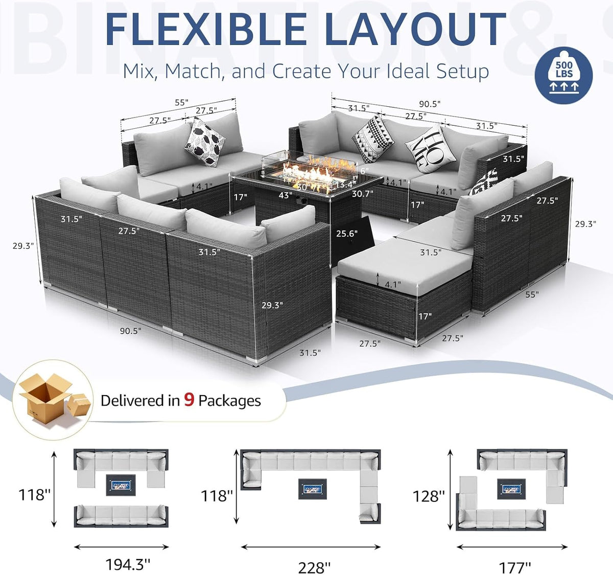 NICESOUL 13 Piece Modern Outdoor Patio Furniture Set with Firepit Natural Gas Propane Convertible, 29.3'' High Back Extra Large Size Wicker Conversation, Deep Wide Comfortable Couch for Outside, Grey