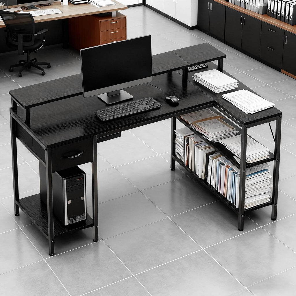 Simple Deluxe 53-inch L-Shaped Gaming Desk with LED Lights & Power Outlets, Reversible Corner Computer Desk with Monitor Riser, Drawer & Shelves, for Home Office, Black