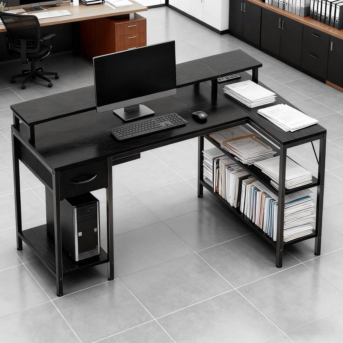 Simple Deluxe 53-inch L-Shaped Gaming Desk with LED Lights & Power Outlets, Reversible Corner Computer Desk with Monitor Riser, Drawer & Shelves, for Home Office, Black
