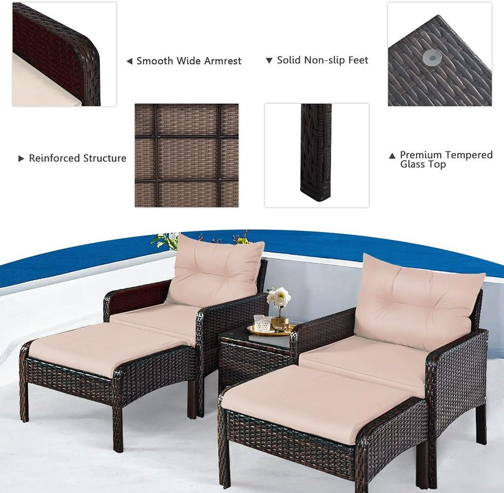 HAPPYGRILL 5-Piece Patio Furniture Set Outdoor Rattan Wicker Conversation Set with Coffee Table Cushioned Sofas and Ottoman Chat Set for Garden Backyard