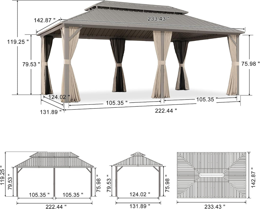 PURPLE LEAF 12' x 20' Outdoor Hardtop Gazebo, Champagne Aluminum Gazebo with Galvanized Steel Double Roof, Curtains and Netting for Patio Lawn and Garden
