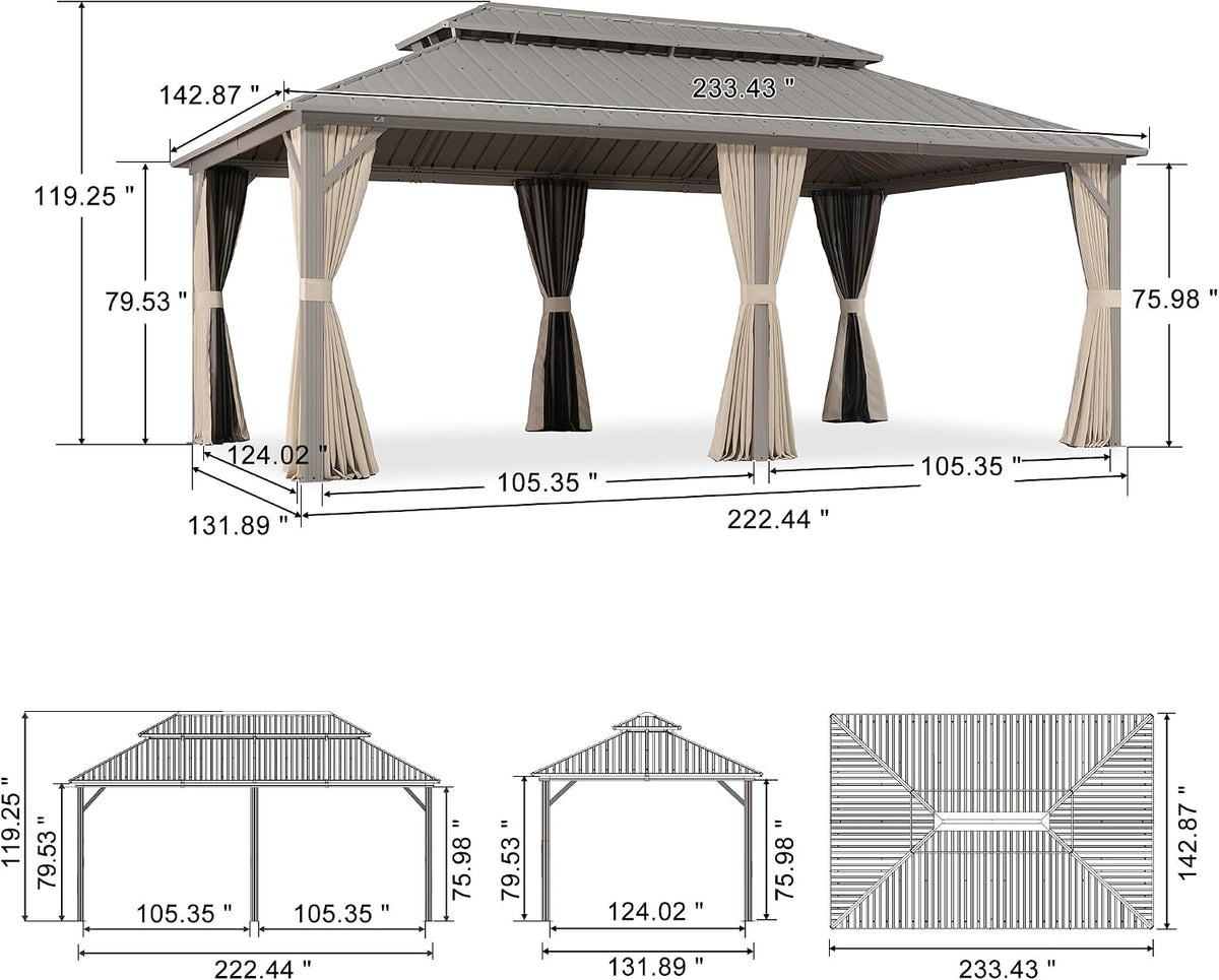 PURPLE LEAF 12' x 20' Outdoor Hardtop Gazebo, Champagne Aluminum Gazebo with Galvanized Steel Double Roof, Curtains and Netting for Patio Lawn and Garden