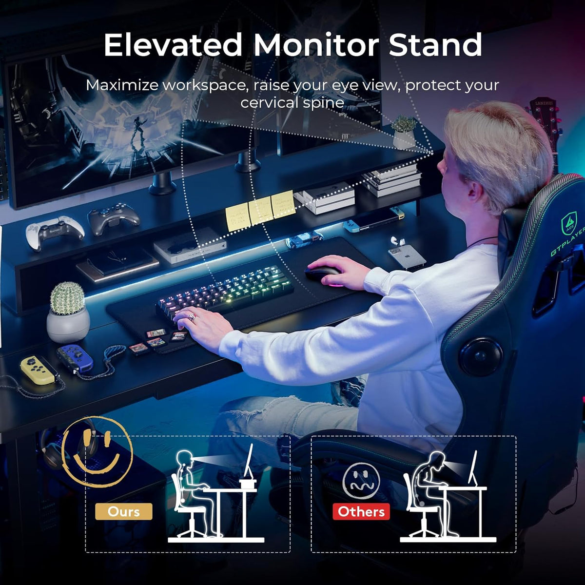 GTPLAYER Electric Standing Desk with Drawers, 48 x 24 Inch Height Adjustable Gaming Desk with Monitor Stand, Power Outlets & LED Lights, Home Office Sit Stand Up Desk with Memory Preset (Ebony Black)