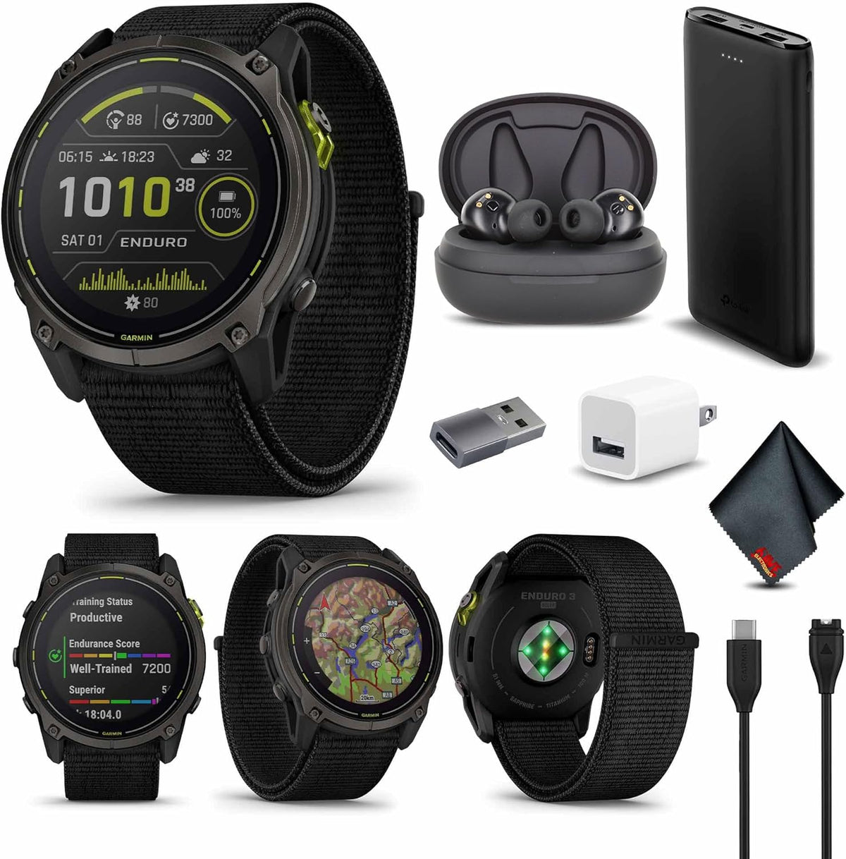 Garmin Enduro 3, Solar, Sapphire Multisport GPS Smartwatch Carbon Gray DLC Titanium with Black Ultrafit Nylon Strap, 90 Days Battery, Built-in LED Flashlight, Fitness Smart Watch Bundle