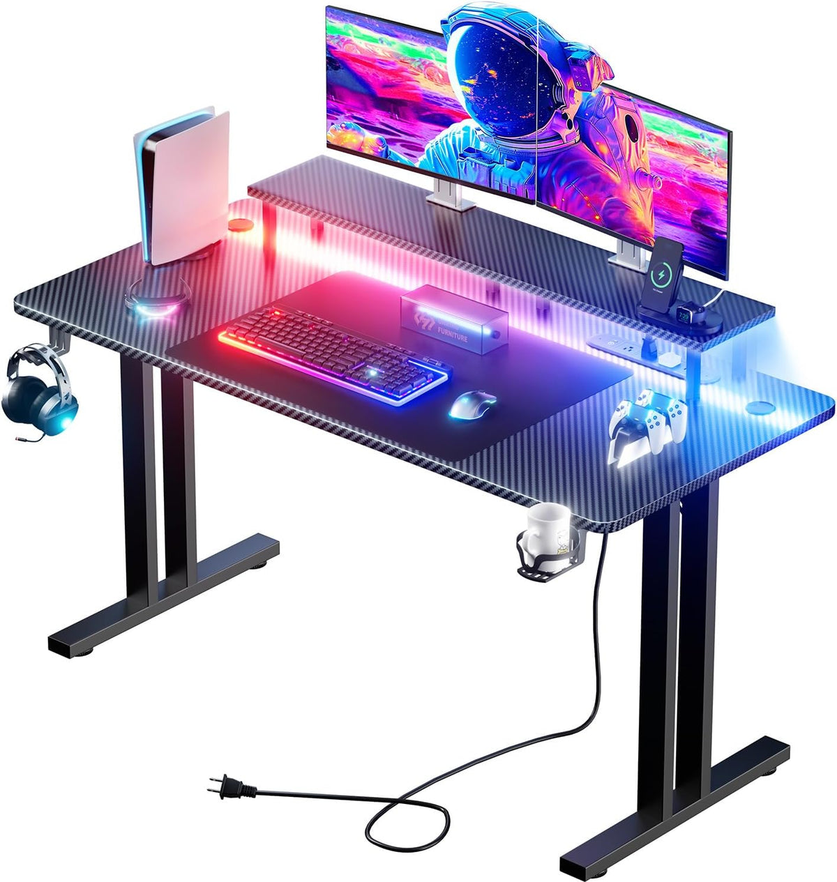 HLDIRECT 63 Inch Gaming Desk with 5 Sockets & LED Lights, Computer Gamer Desk with Monitor Stand, Ergonomic Carbon Fiber Gaming Table Home Office Desk with Cup Holder, Headphone Hook & Mouse Pad