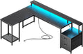 PRAISUN 66' L Shaped Gaming Desk with LED Lights & Power Outlets, Computer Desk with Fabric Drawers and Print Stand, Corner Office Desk, Monitor Stand, Mesh CPU Stand, Black
