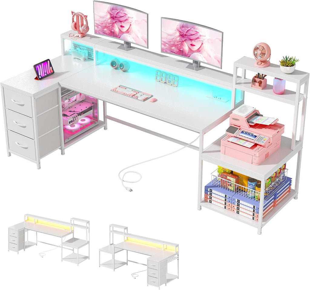 EnHomee 71' L Shaped Gaming Desk with LED Lights,White Computer Desk with Drawers and Printer Shelf,Power Outlet,Reversible Home Office Desks with Storage and Monitor Stand