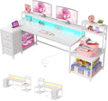 EnHomee 71' L Shaped Gaming Desk with LED Lights,White Computer Desk with Drawers and Printer Shelf,Power Outlet,Reversible Home Office Desks with Storage and Monitor Stand