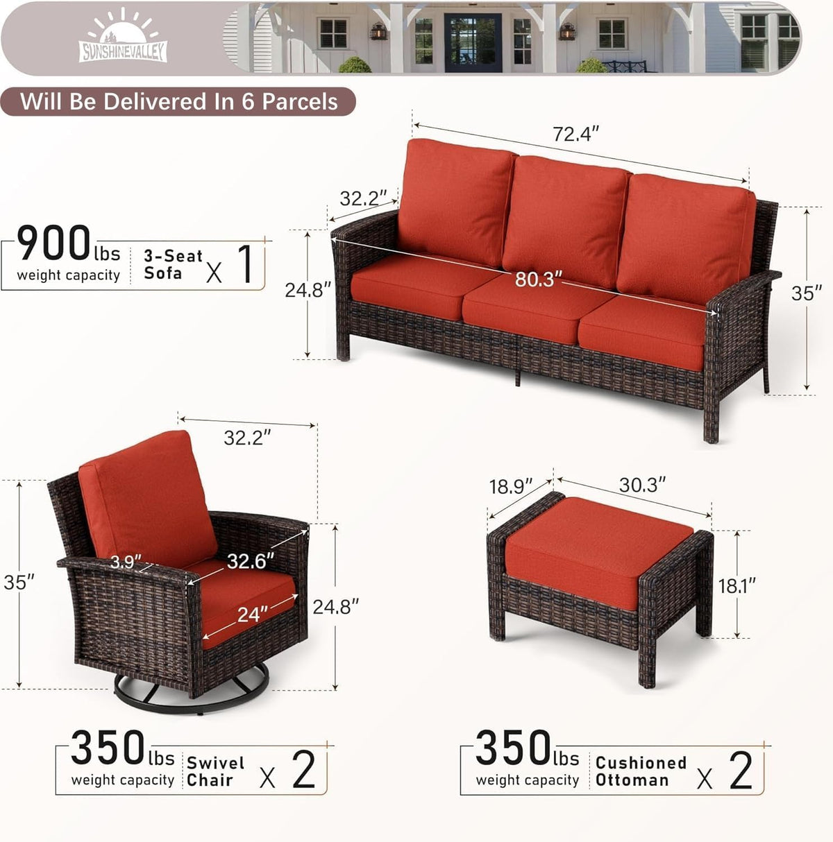 SUNSHINE VALLEY Patio Furniture Set with Swivel Chairs, High Back Wicker Rattan Furniture with 5.5' Thick Cushion and 2 Ottoman, Outdoor Conversation Set for Backyard Deck, Red