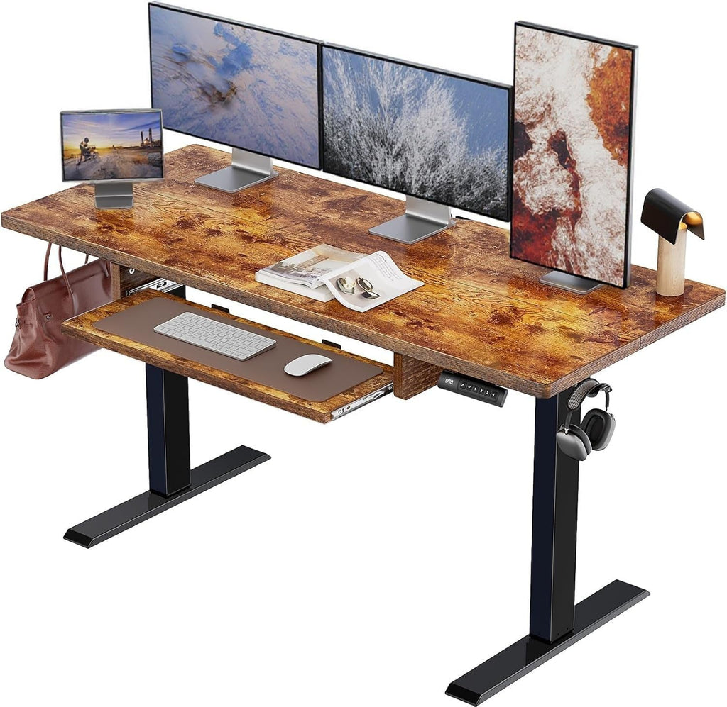 Marsail Electric Standing Desk Adjustable Height, 55 * 24 Inch Sit Stand up Desk for Home Office Furniture Computer Desk with 3 Memory Presets, Headphone Hook, Rustic Brown
