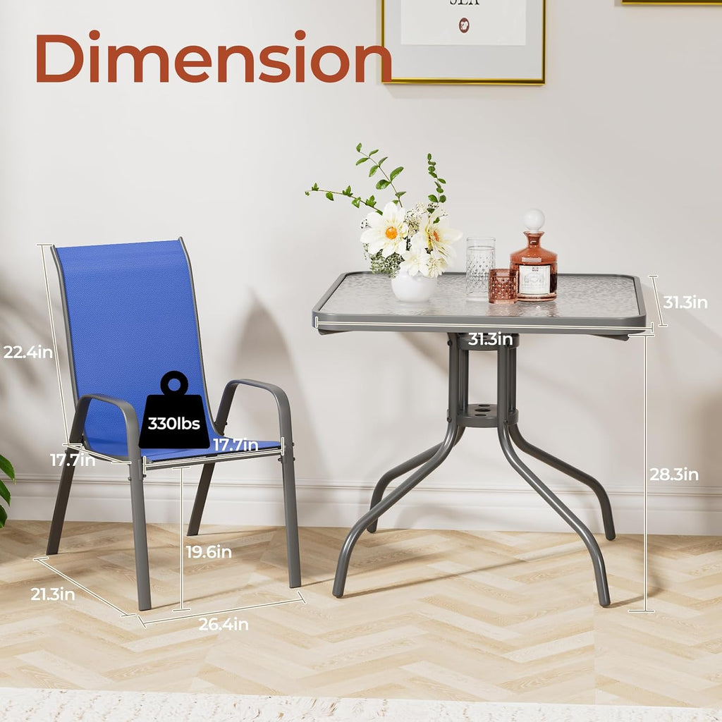 TLSUNNY Patio Dining Set 5 Pieces, All Weather Outdoor Furniture W/30'X 30' Table and 4 Stackable Textilene Chairs, Metal Table and Chairs for Lawn, Garden, Poolside, Backyard (Umbrella not Included)