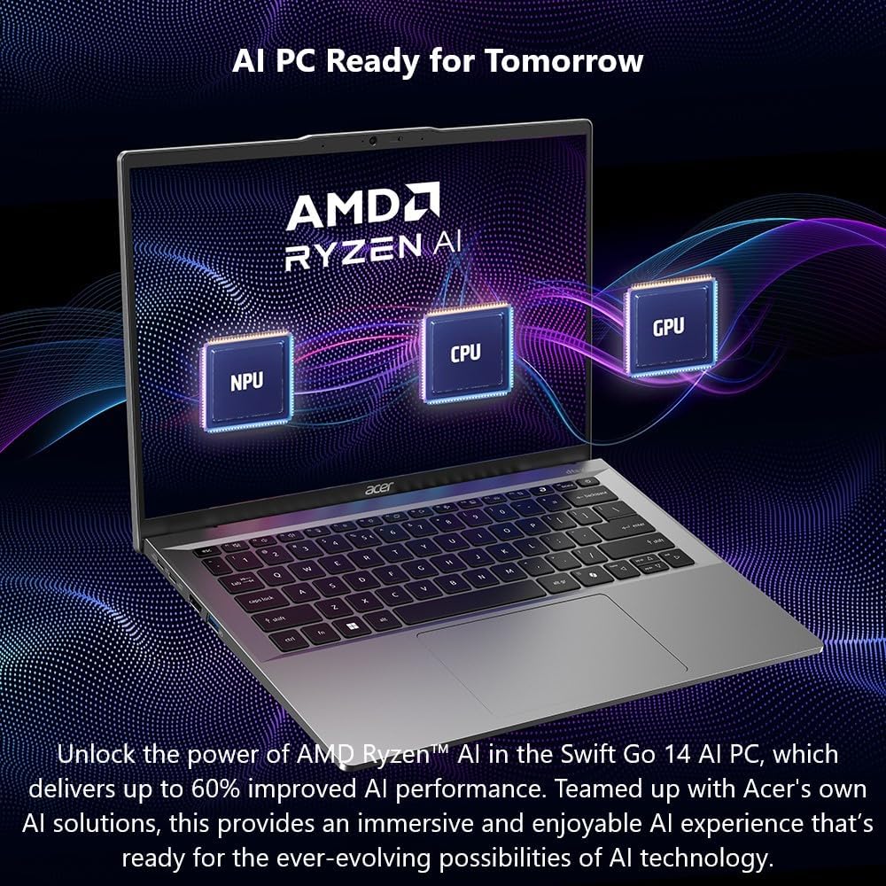 acer Swift Go 14 Laptop | 14' 1920 x 1200 Touch Display | Unlock AI Experiences | AMD Ryzen 7 8845HS Octa-Core Ryzen AI Capable Processor | 16GB LPDDR5X | 1TB PCIe Gen 4 SSD | SFG14-63T-R1F4