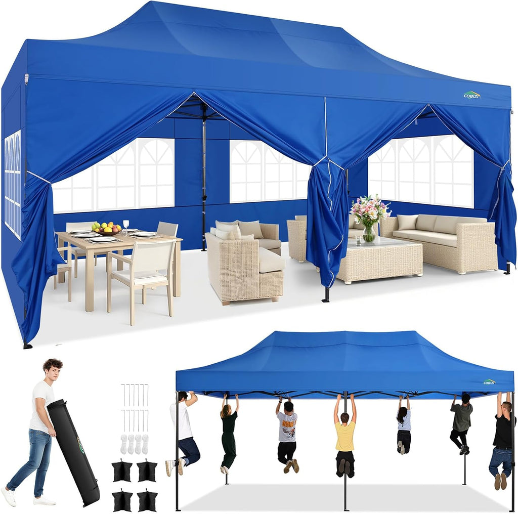 COBIZI 10x20 Heavy Duty Pop Up Canopy Tent with 6 Sidewalls Thicken Frame, Commercial Easy Up Outdoor Wedding Party Tents, All Season Waterproof Windproof with Stakes Sandbags Ropes Roller Bag, Blue