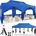 COBIZI 10x20 Heavy Duty Pop Up Canopy Tent with 6 Sidewalls Thicken Frame, Commercial Easy Up Outdoor Wedding Party Tents, All Season Waterproof Windproof with Stakes Sandbags Ropes Roller Bag, Blue