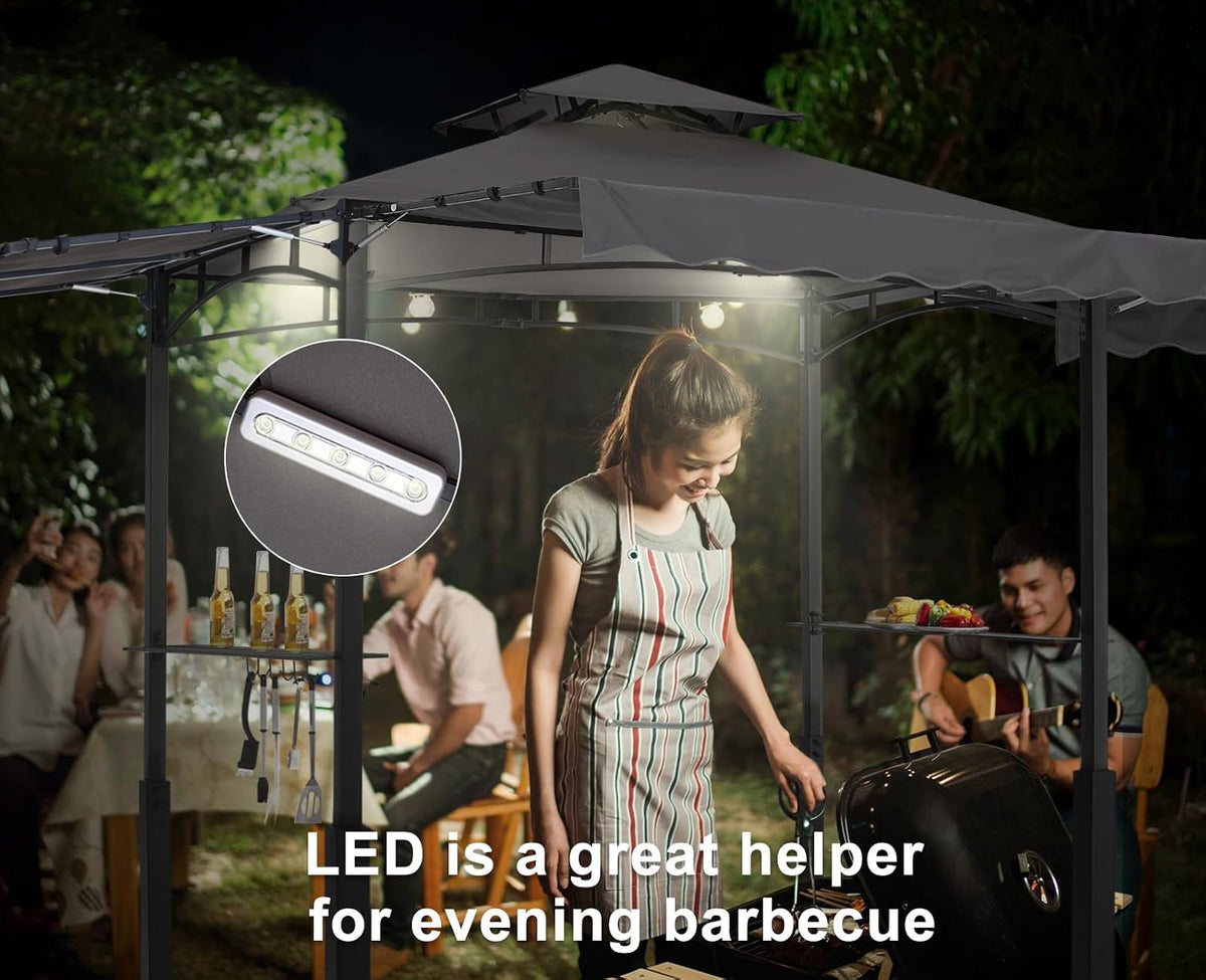 ABCCANOPY Grill Gazebo with Extra Awning on Three Sides - 5'x14' Outdoor Grill Canopy BBQ Gazebo Barbecue Canopy with LED Lights for Backyard, Lawn and Patio (Dark Gray)