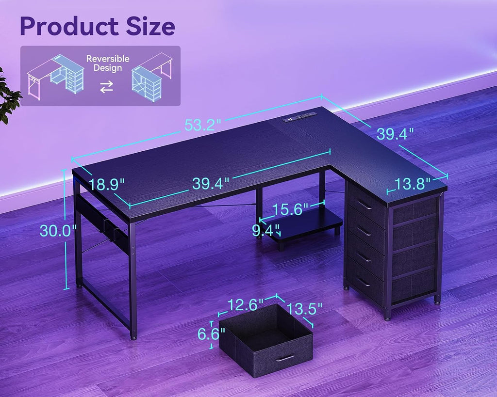 AODK L Shaped Gaming Desk with 4 Drawers, 53' Reversible Home Office Desks with Power Outlets, L Shaped Computer Desk with USB Charging Port and Host Stand, Corner Desk, Easy to Assemble, Black