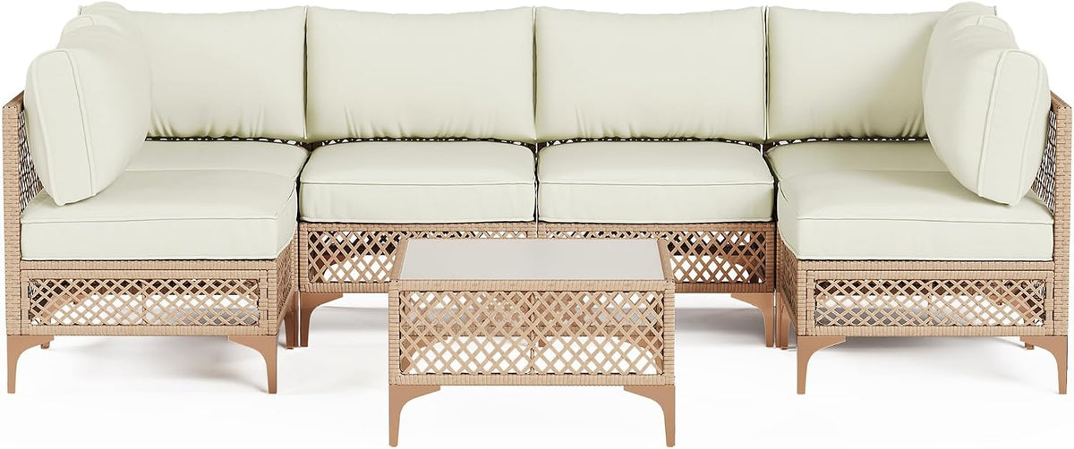 7-Piece Generous Patio Furniture Set, Wicker Outdoor Sectional Set with Large Tempered Glass Coffee Table, Boho Patio Conversation Couch Set with Thickened and Enlarged Cushion and Throw Cushion