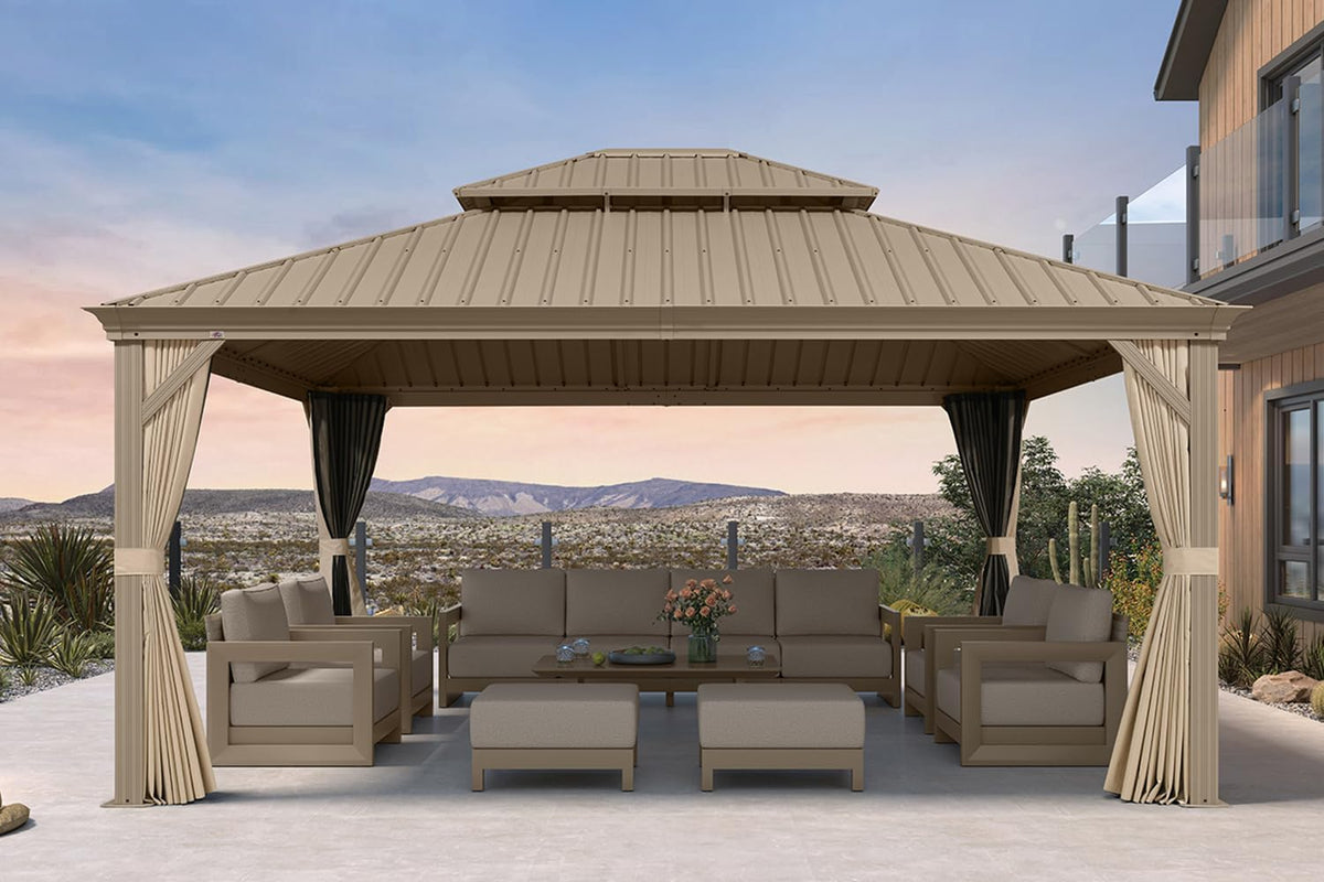 PURPLE LEAF Outdoor Gazebo 14'X16'，Champagne Hardtop Gazebo with Galvanized Steel Double Roof, Permanent Patio Gazebo with Curtains and Netting for Patio Lawn Garden and Deck