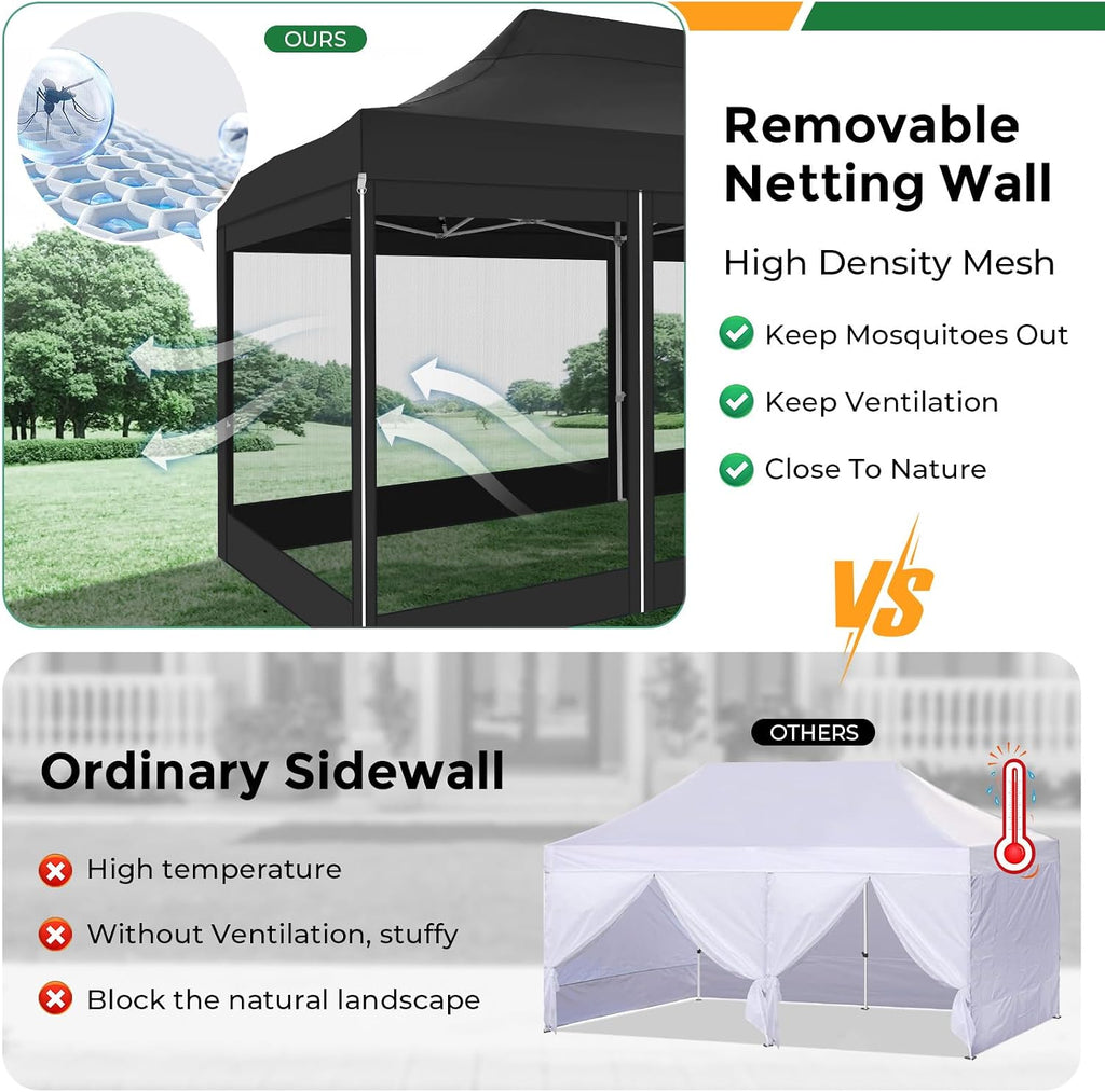 COBIZI 10x20 Heavy Duty Pop Up Canopy Tent with 6 Sidewalls, Easy Set Up Outdoor Waterproof Screen Commercial Party Tent with Mosquito Netting for Parties Backyard Patio, Roller Bag, Black