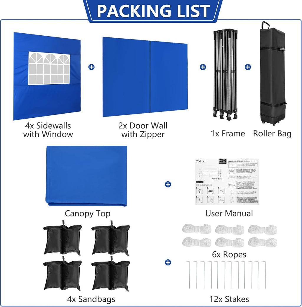 COBIZI 10x20 Heavy Duty Pop Up Canopy Tent with 6 Sidewalls Thicken Frame, Commercial Easy Up Outdoor Wedding Party Tents, All Season Waterproof Windproof with Stakes Sandbags Ropes Roller Bag, Blue