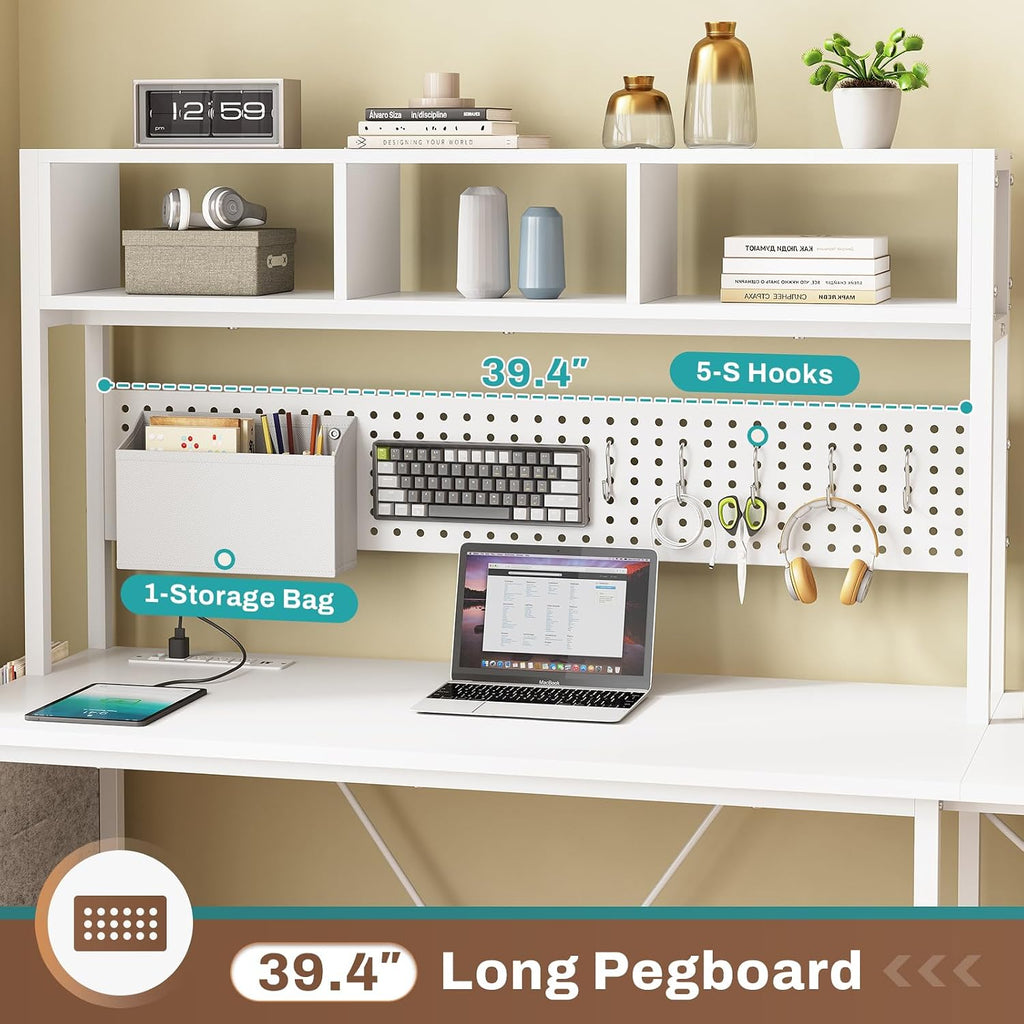 SEDETA White L Shaped Office Desk, 57.5' Corner Computer Desk with Power Outlet Pegboard and Keyboard Tray, Gaming Table with LED Lights, Hutch and Storage Shelves for Home Office