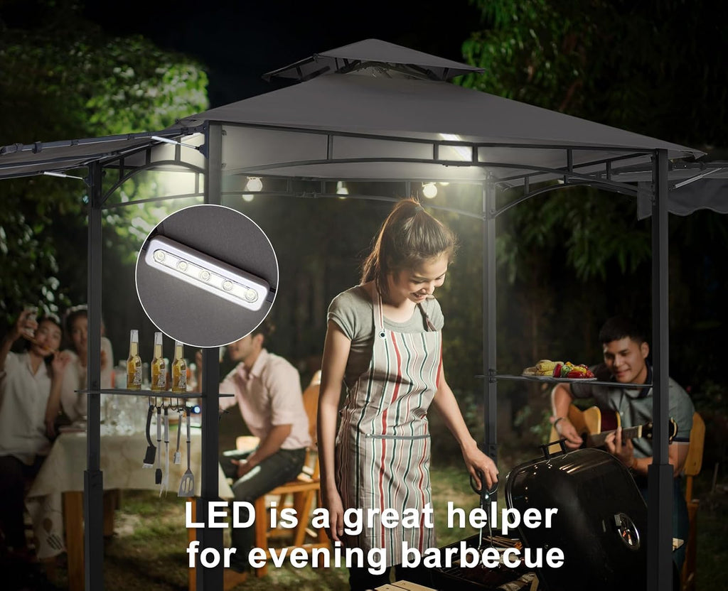 ABCCANOPY Grill Gazebo with 2 Side Awnings - 14x5 Outdoor BBQ Canopy Shelter with 2 Led Lights for Patio Backyard Grilling (Dark Gray)
