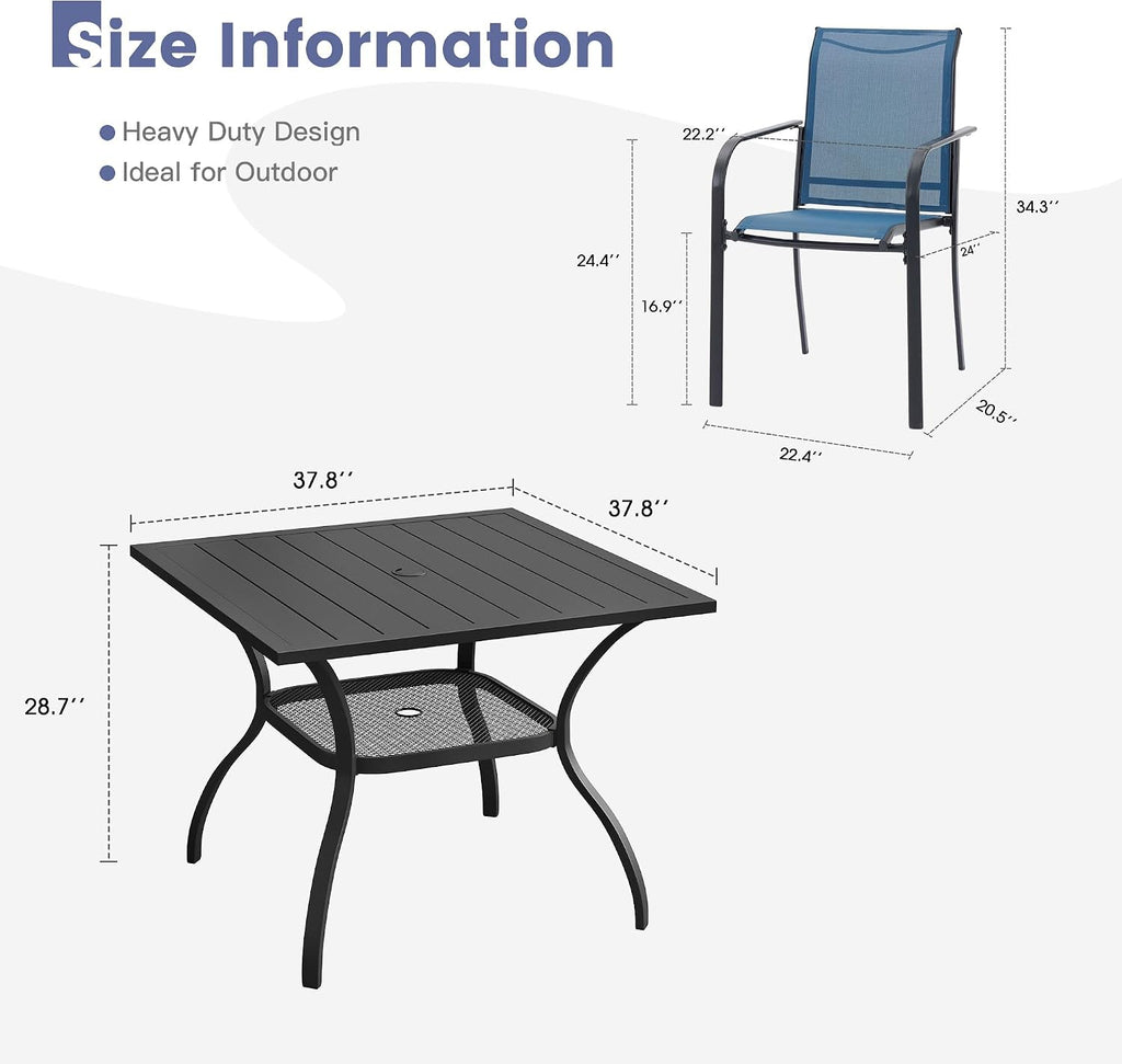VICLLAX 5 Pieces Patio Dining Set, Patio Furniture Set of 4 Patio Stackable Dining Chairs and Outdoor Metal Square Table with Storage Shelf, Blue Chairs and Black Table