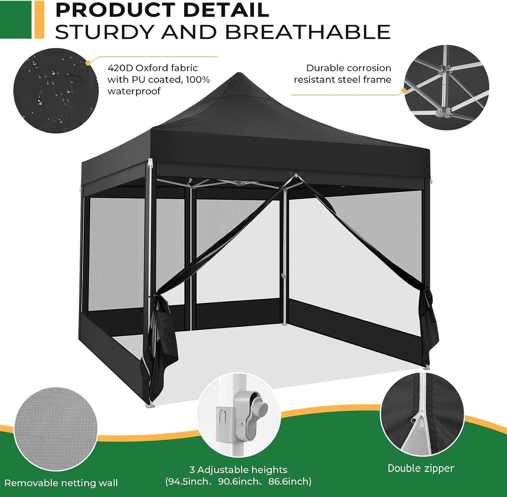 COBIZI 10x10 Heavy Duty Pop Up Canopy Tent with 4 Sidewalls, Commercial Gazebo Party Tent with Mosquito Netting Wall Easy Set Up Outdoor Instant Screen Canopy for Backyard, Patio, Garden, Black