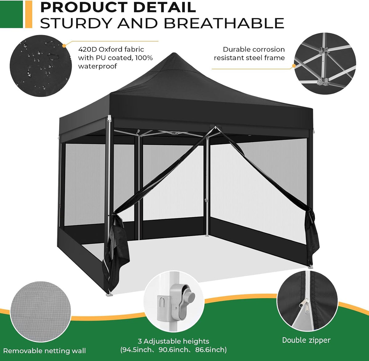 COBIZI 10x10 Heavy Duty Pop Up Canopy Tent with 4 Sidewalls, Commercial Gazebo Party Tent with Mosquito Netting Wall Easy Set Up Outdoor Instant Screen Canopy for Backyard, Patio, Garden, Black