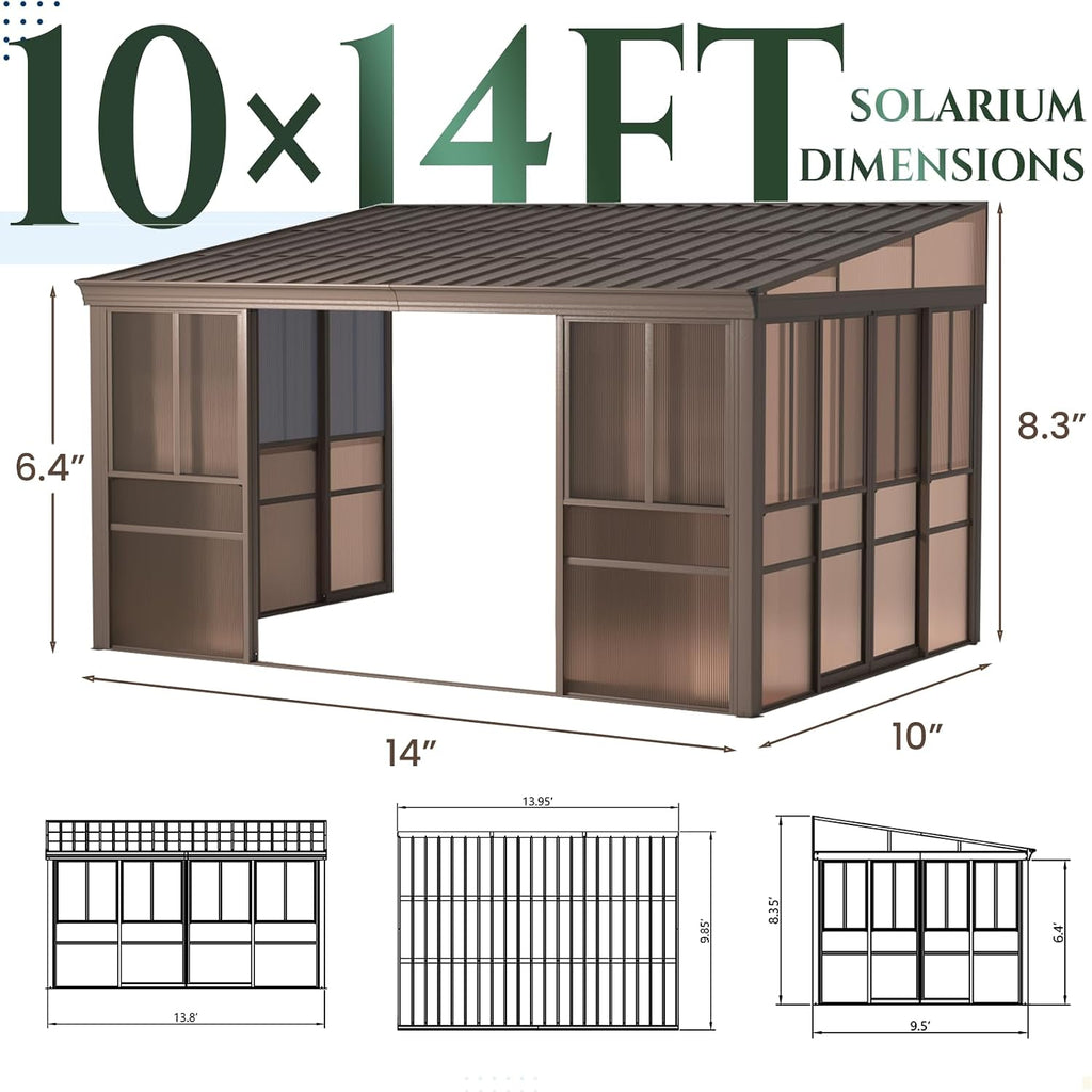 EROMMY 10x14 Lean-to Sunroom Gazebo, Enclosed Patio Shelter with Sliding Doors, Galvanized Steel Roof and Polycarbonate Wall Panels, Aluminum Frame for Backyard