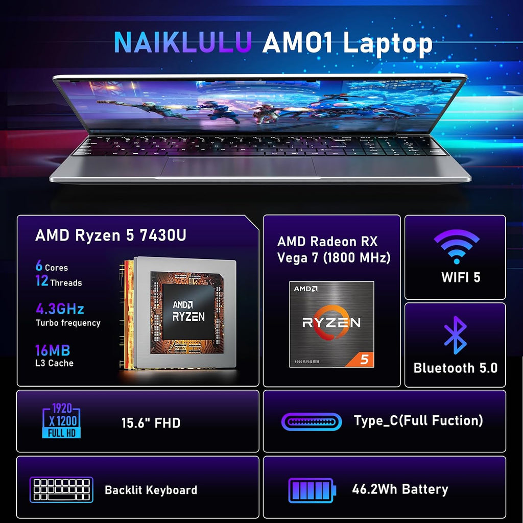 NAIKLULU Gaming Laptop,15.6 Inch Laptop Computer,16GB RAM 1TB SSD,AMD Ryzen 5 7430U (up to 4.3Ghz,Beat 5700U),AMD Radeon Graphics,15.6'FHD 1920 * 1080 Display,WiFi 5,BT5.0,Backlit Keyboard