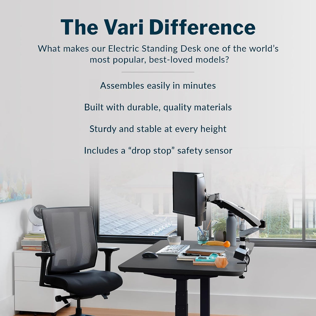 Vari Classic Electric Standing Desk - VariDesk Height Adjustable Sit/Stand Desk - Dual Motor with Memory Presets, Stable T-Style Legs - Gaming or Home Office Workstation - 60'x30', Black/Black